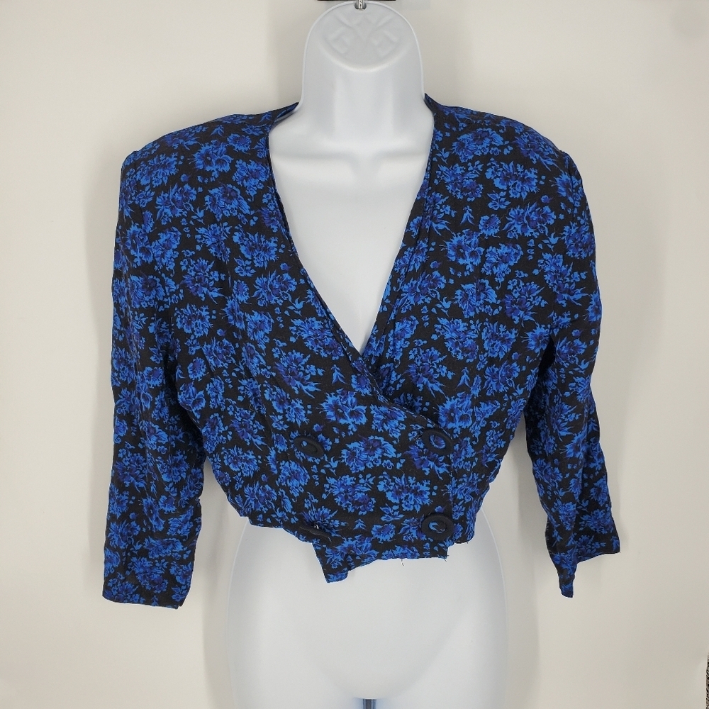 VINTAGE Jonathan Martin Black Blue Floral Cropped Faux Wrap Blouse Top 9/10